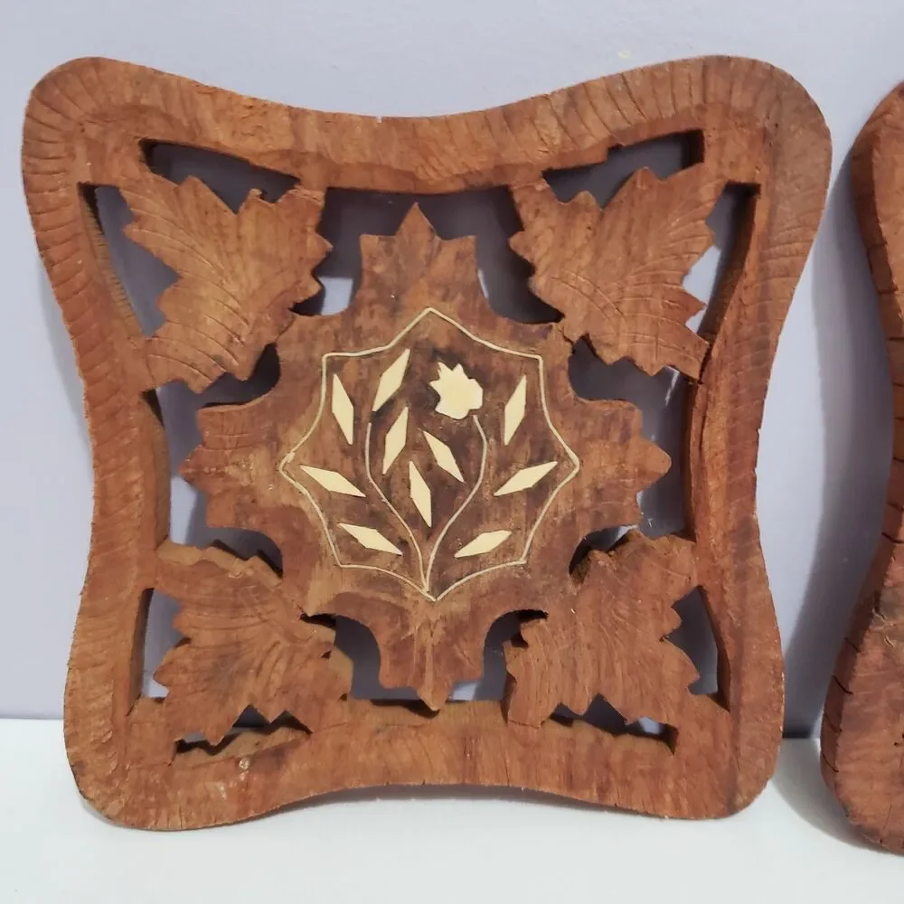 Trivet Set of 2 Wooden Handcarved Kitchen Home Country Farmhouse Decor 5.5